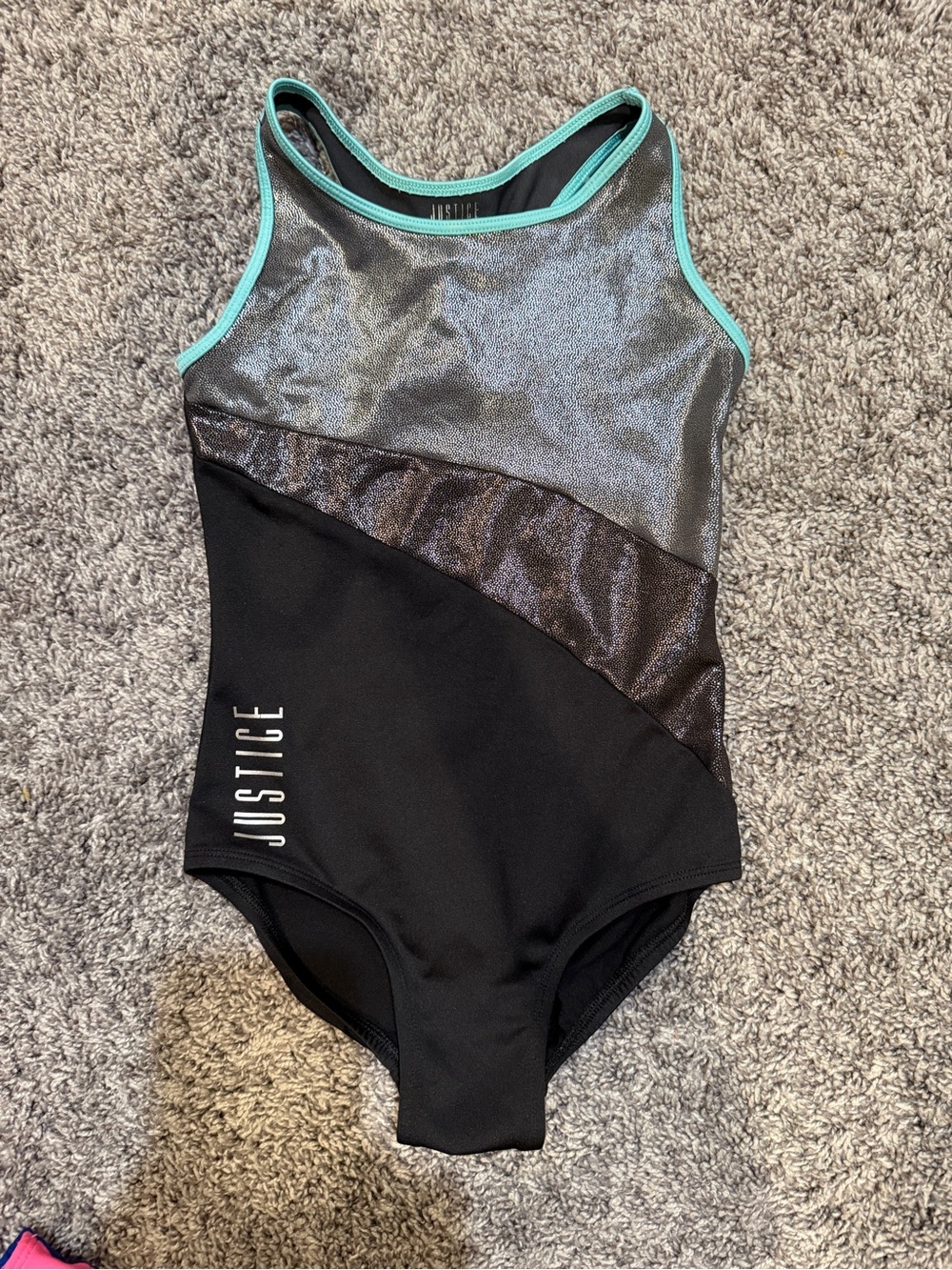 Justice Black One-Piece Gymnastics Leotard with Silver Shimmer and Teal Trim